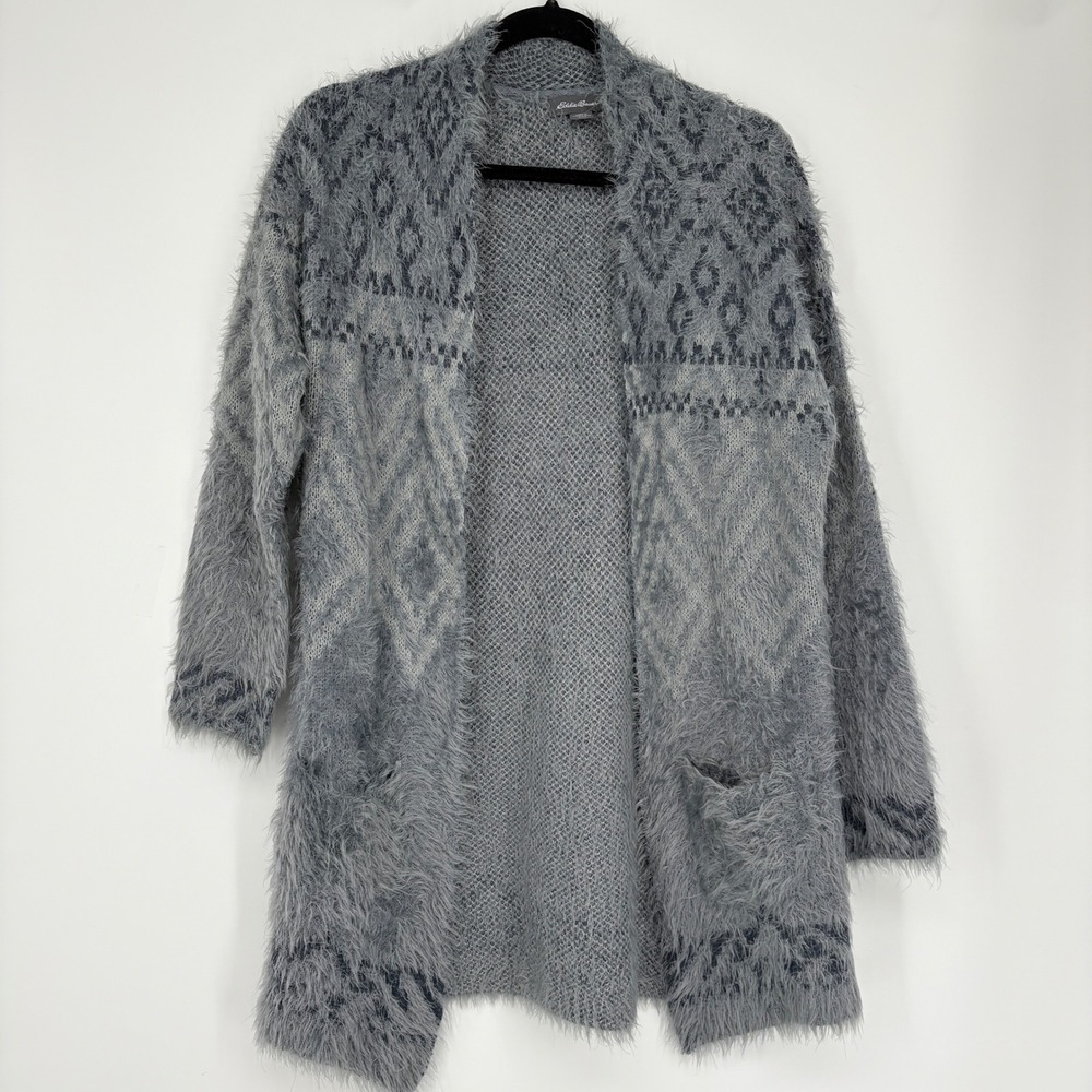 Eddie Bauer Small Fuzzy Geometric Pattern Open Front Cardigan Sweater Blue /Grey